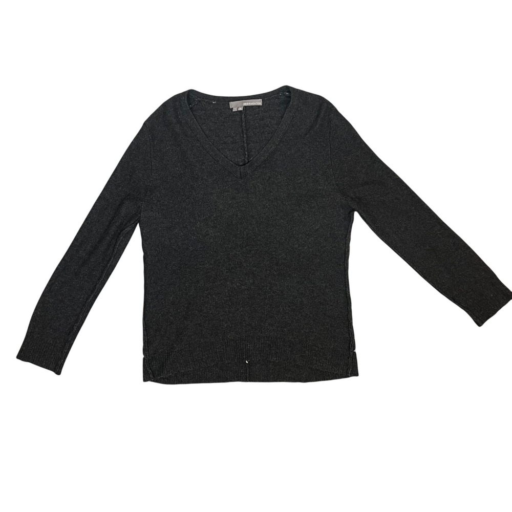 360‎ SWEATER Womens Gray V-Neck Sweater Crochet Medium Lambswool Angora Cashmere